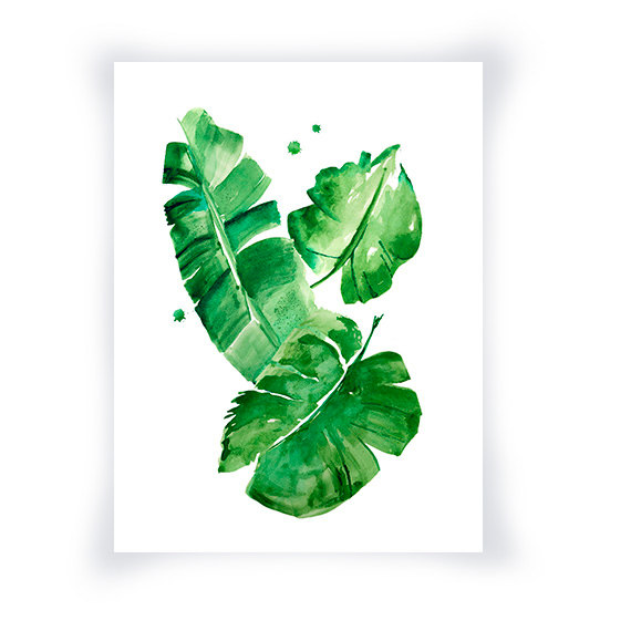 570x570 Banana Leaves Watercolor Print, Green Wall Art Home Decor, Green