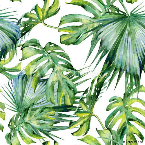 500x500 Seamless Watercolor Illustration Of Tropical Leaves, Dense Jungle