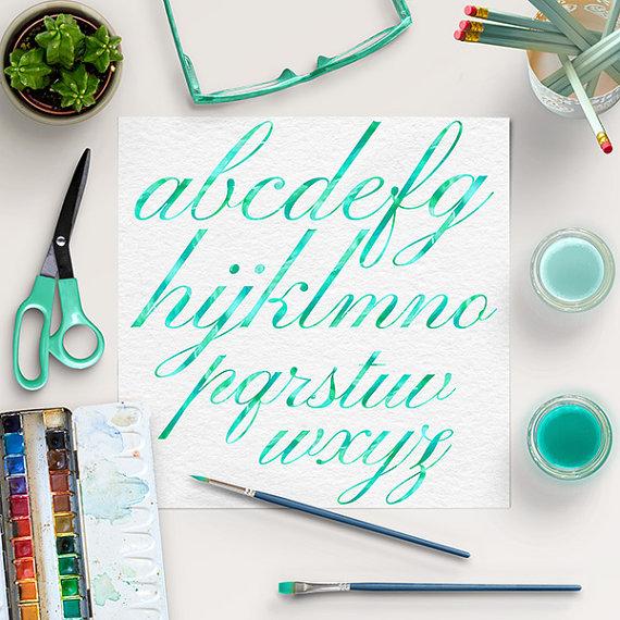 570x570 Buy5for8, Green Mint Watercolor Alphabet, Brush Lettering Fonts