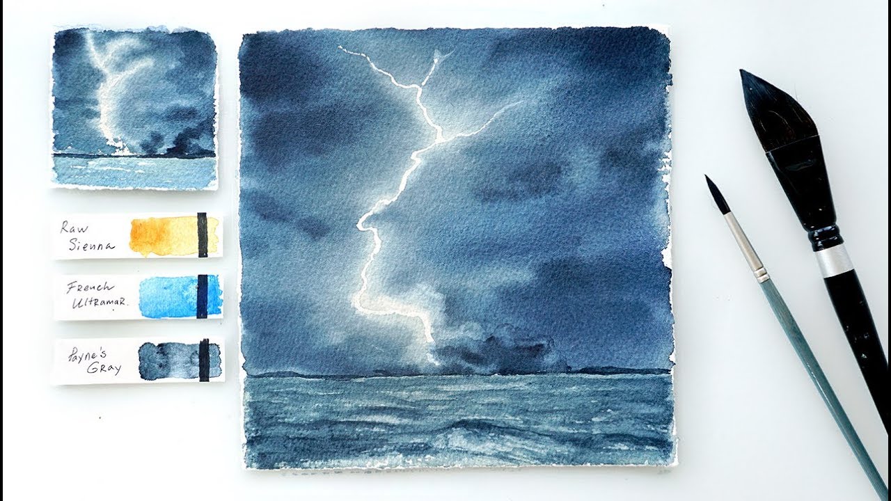 1280x720 Lightning Storm. Step By Step Watercolor Tutorial.