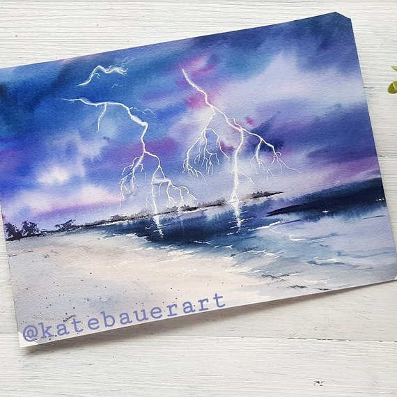 570x570 Lightning Watercolor Lightning On The Beach Watercolor Etsy