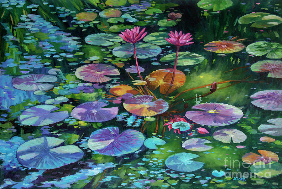 900x604 Pink Water Lilies And Lily Pads Painting By John Clark