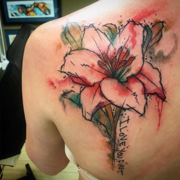 730x730 I Love You First Watercolor Lily Tattoo On Left Back Shoulder