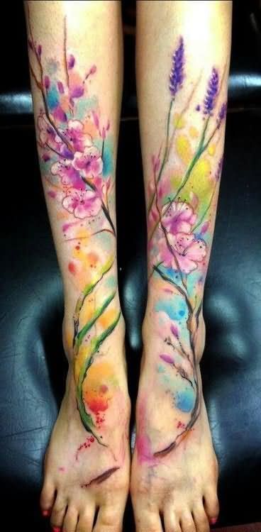 368x750 Lily Flower Watercolor Tattoos On Legs