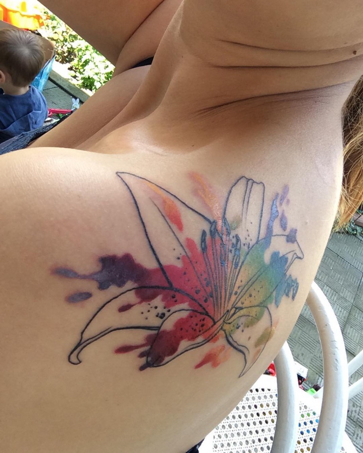 730x912 Nice Watercolor Lily Tattoo On Left Back Shoulder