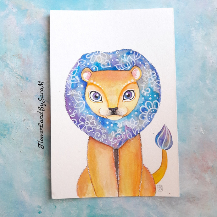 690x690 Original Watercolor Lion Painting. 10x15cm. By Flowerlandsart
