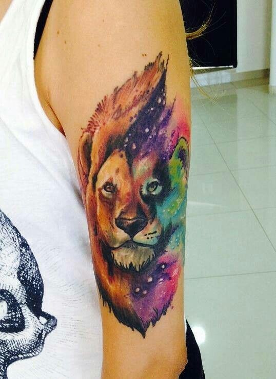 538x740 Amazing Watercolor Lion In Space Tattoo On Half Sleeve