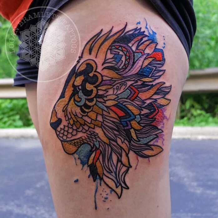 697x697 Multicolored And Watercolor Lion Tattoo By Me Logan Bramlett