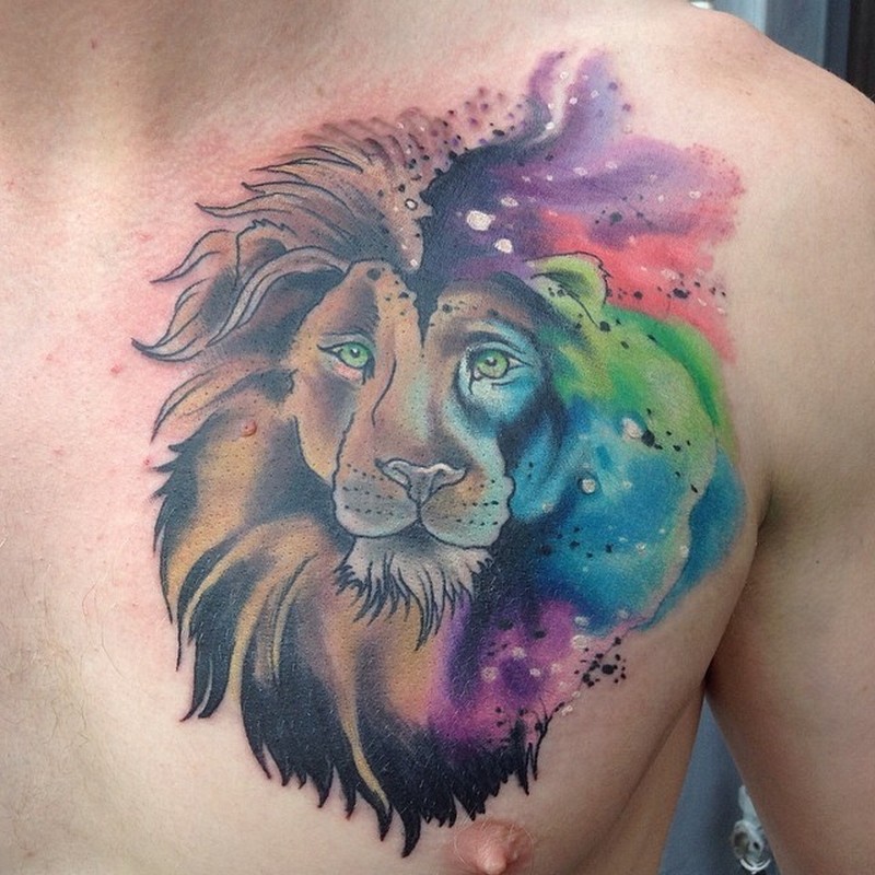 800x800 Wonderful Watercolor Lion Tattoo On Chest