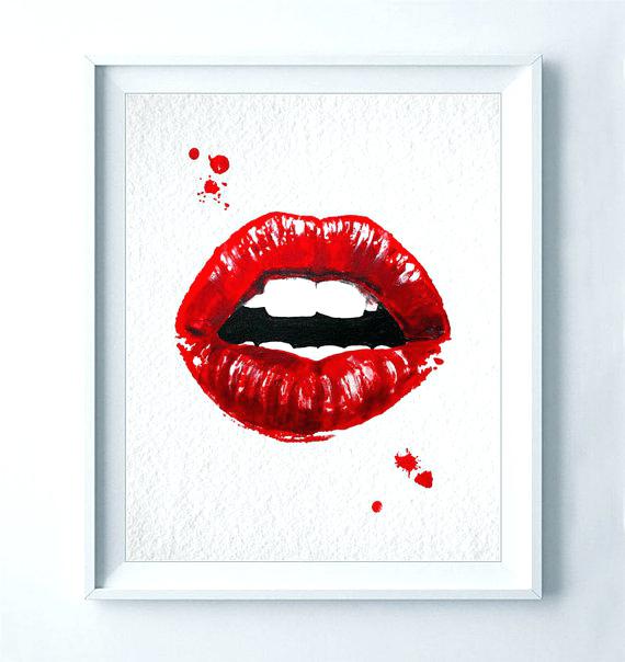 570x604 Red Lips Art Watercolor Lip Print Fashion Poster Abstract Lipstick