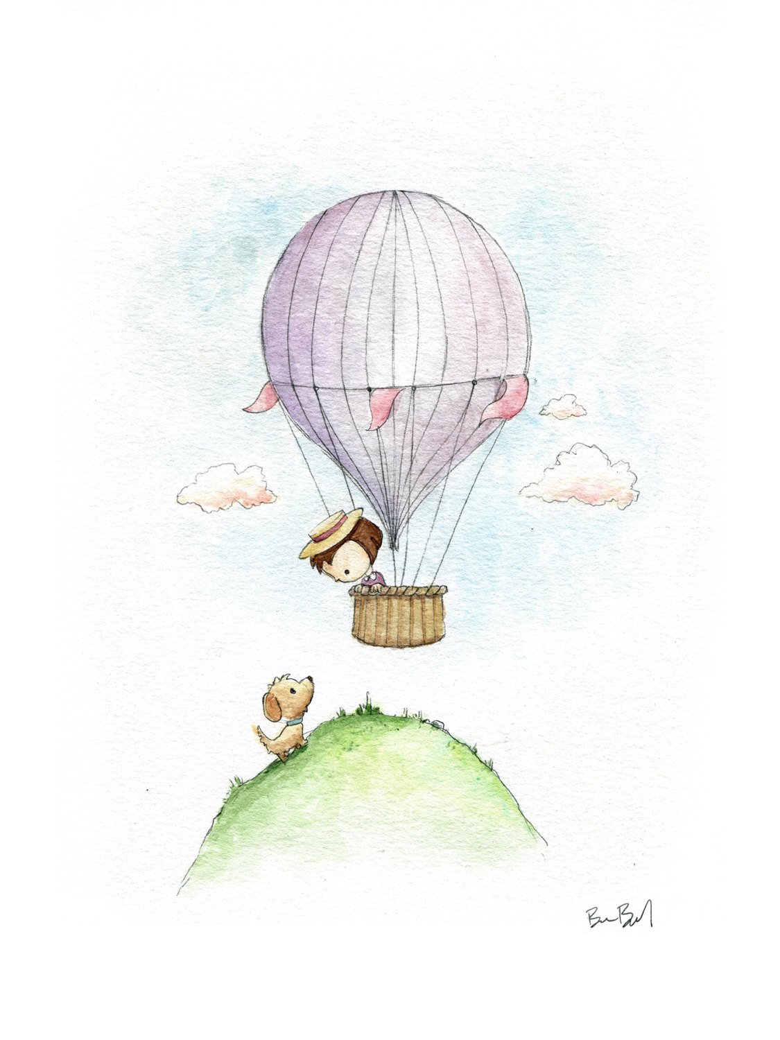 1125x1500 Vintage Style Hot Air Balloon Little Girl And Puppy Watercolor