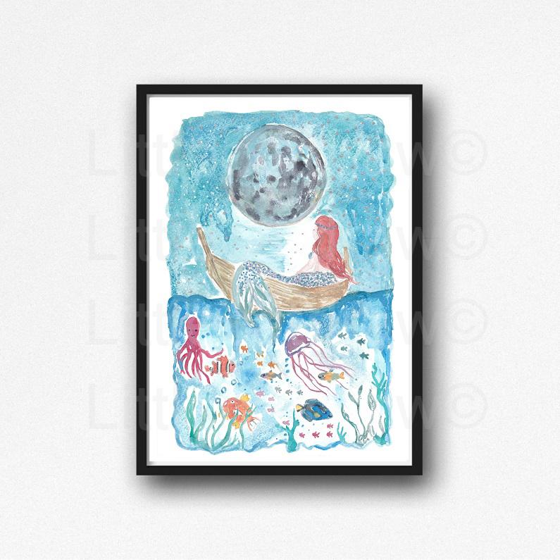 795x795 Buy Little Mermaid Under The Starry Night Watercolor Painting