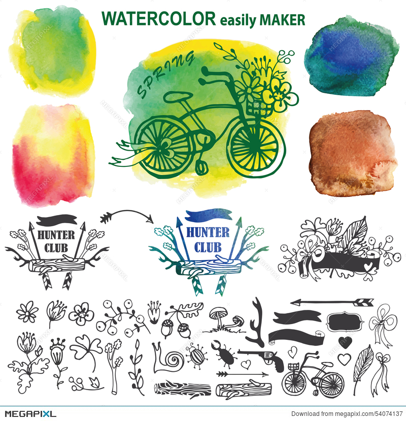 800x830 Doodle Rustic Set With Watercolor Stein.logo Maker Illustration