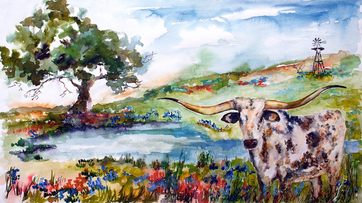 1200x675 Texas Longhorn In Bluebonnets Field Watercolor Painting