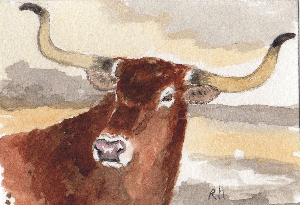 1049x720 Cow Original Aceo Art Watercolor Western Longhorn Range Cattle