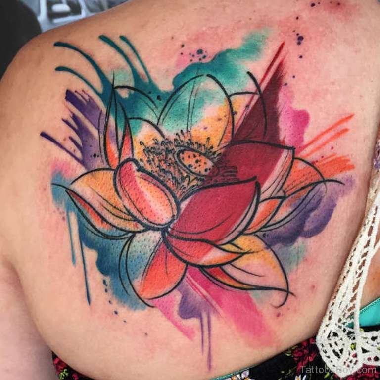 768x768 Amazing Watercolor Lotus Tattoo On Back