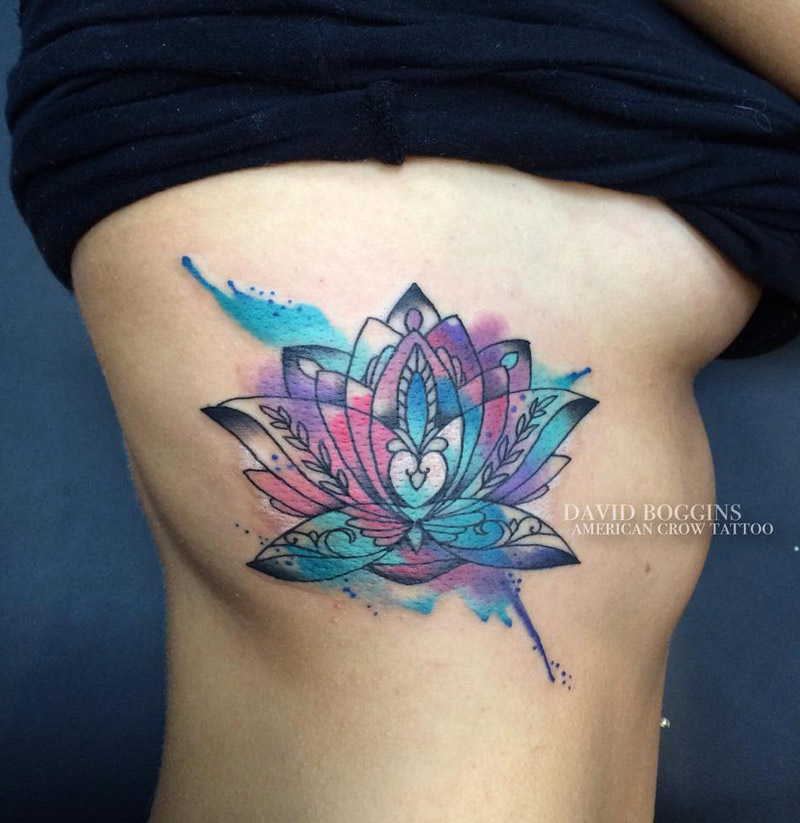 800x823 Watercolor Lotus Flower Tattoo On Girl Right Side Rib