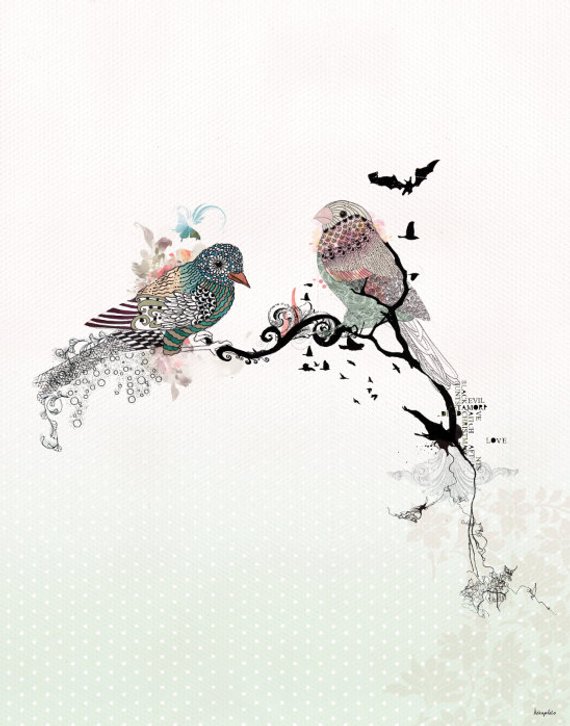 570x726 Love Birds Art Watercolor Art Bird Illustration Love Birds Etsy