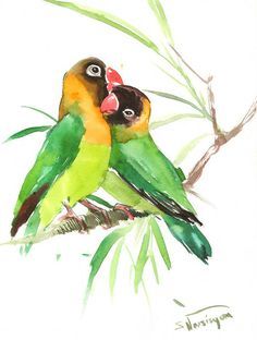 236x312 Lovebirds, Original Watercolor Painting, 12 X 9 In, Green Yellow