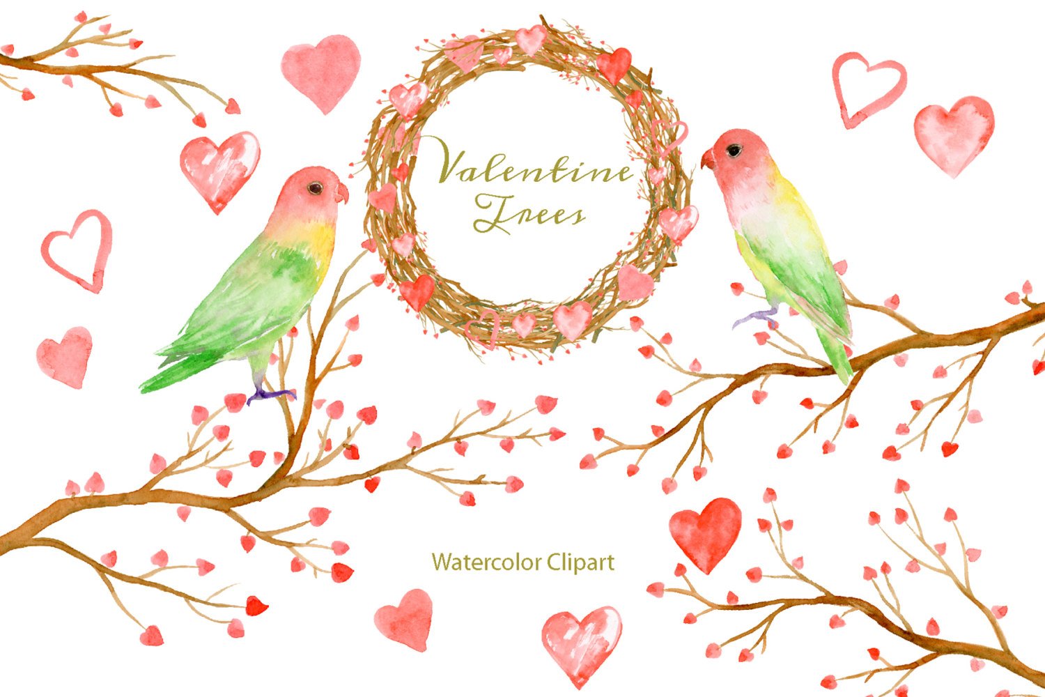 1500x1000 Watercolor Clipart Valentine Trees, Tree Branch, Love Birds