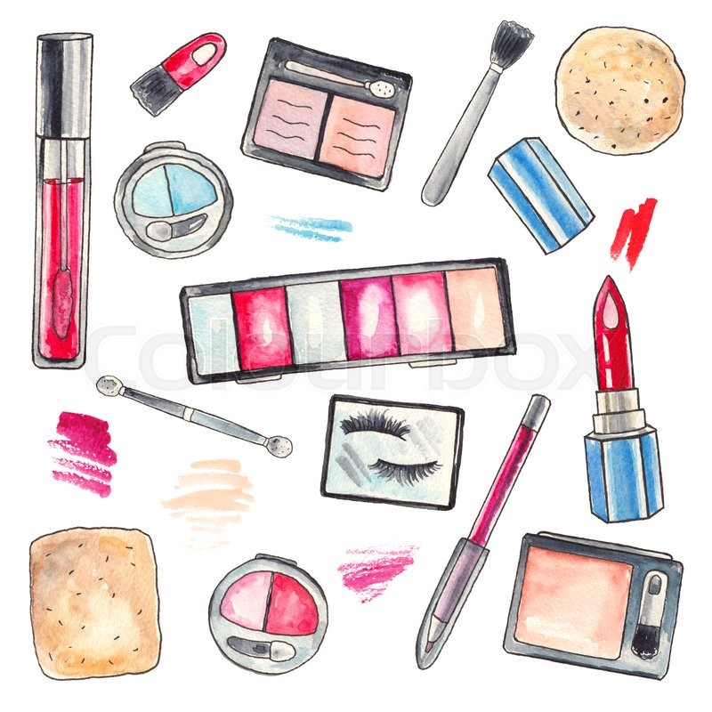 800x800 Watercolor Makeup Products Set. Cosmetics. Hand Drawn Painting