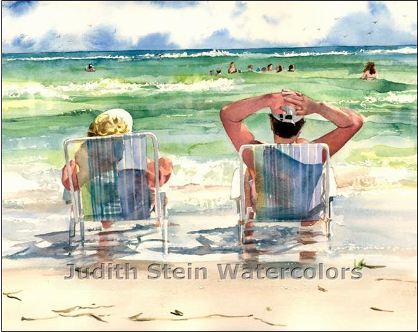 603x479 Man And Woman Seashore Sunning, Beach By Steinwatercolors On Zibbet
