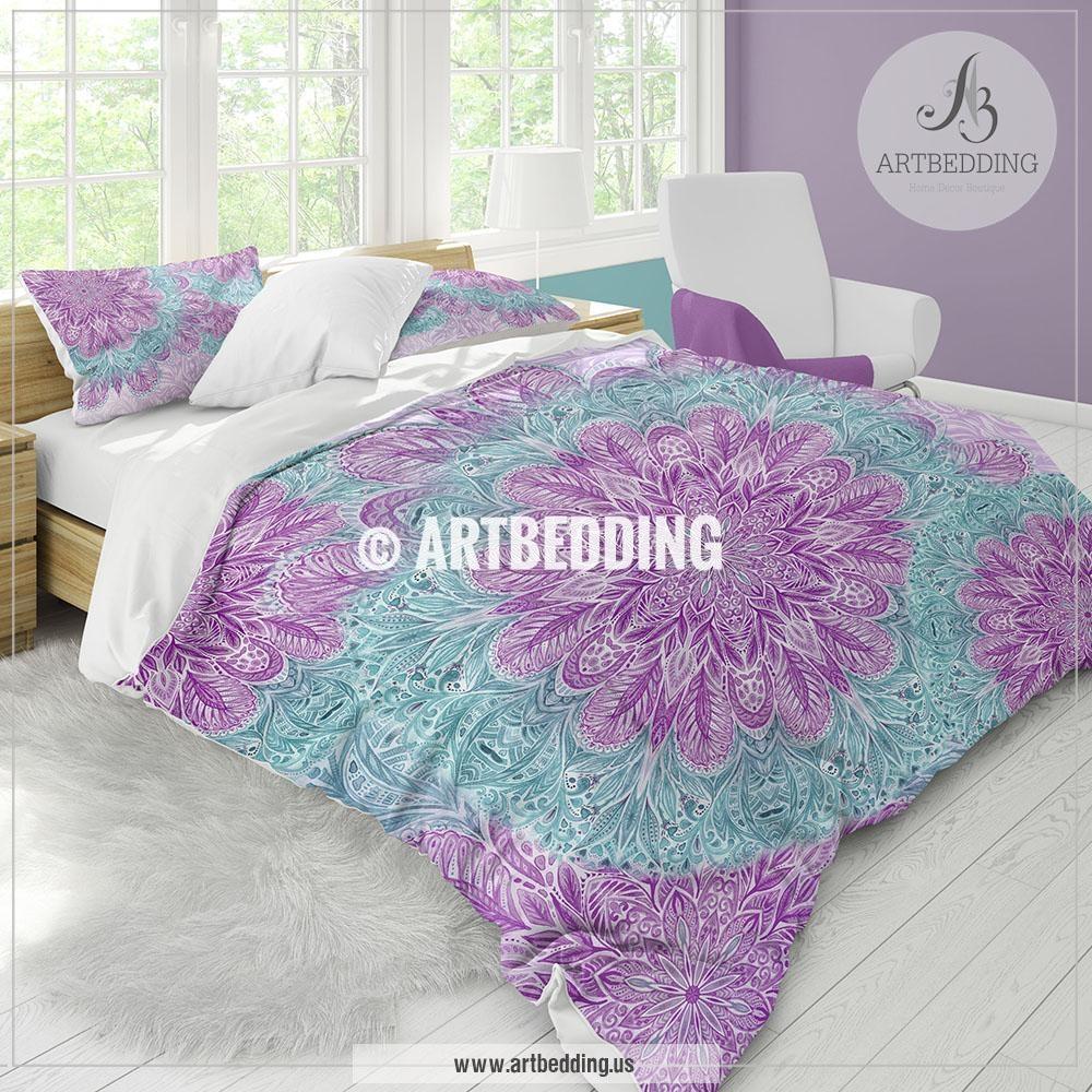 1000x1000 Boho Mandala Bedding, Purple And Light Teal Watercolor Mandala