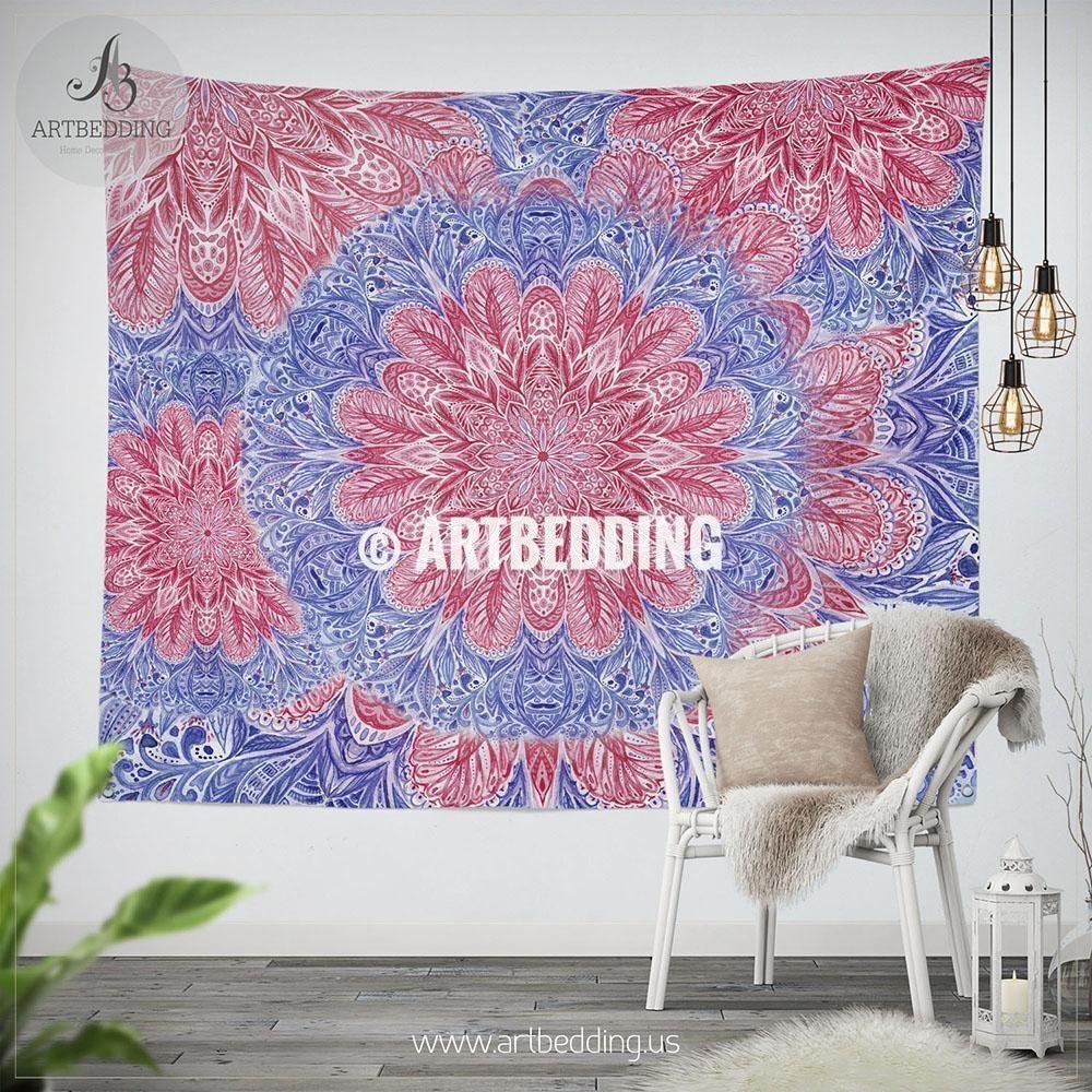 1000x1000 Boho Mandala Bedding, Red And Lavender Blue Watercolor Mandala
