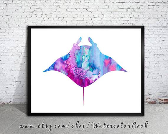 570x453 Manta Ray Print, Nautical Prints, Ocean Art, Sea Print, Watercolor