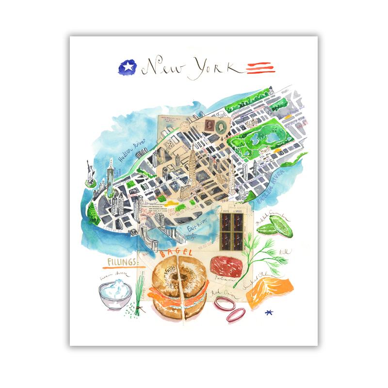 800x800 New York City Watercolor Map With Bagel Recipe Print, Nyc Wall Art