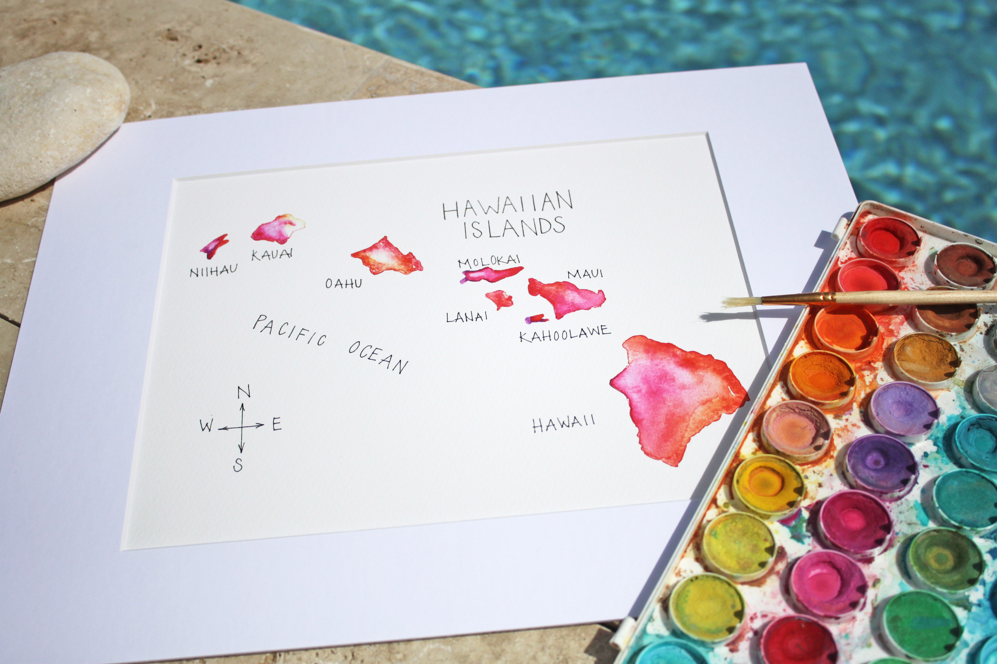 3456x2304 Hawaiian Islands Watercolor Map Print