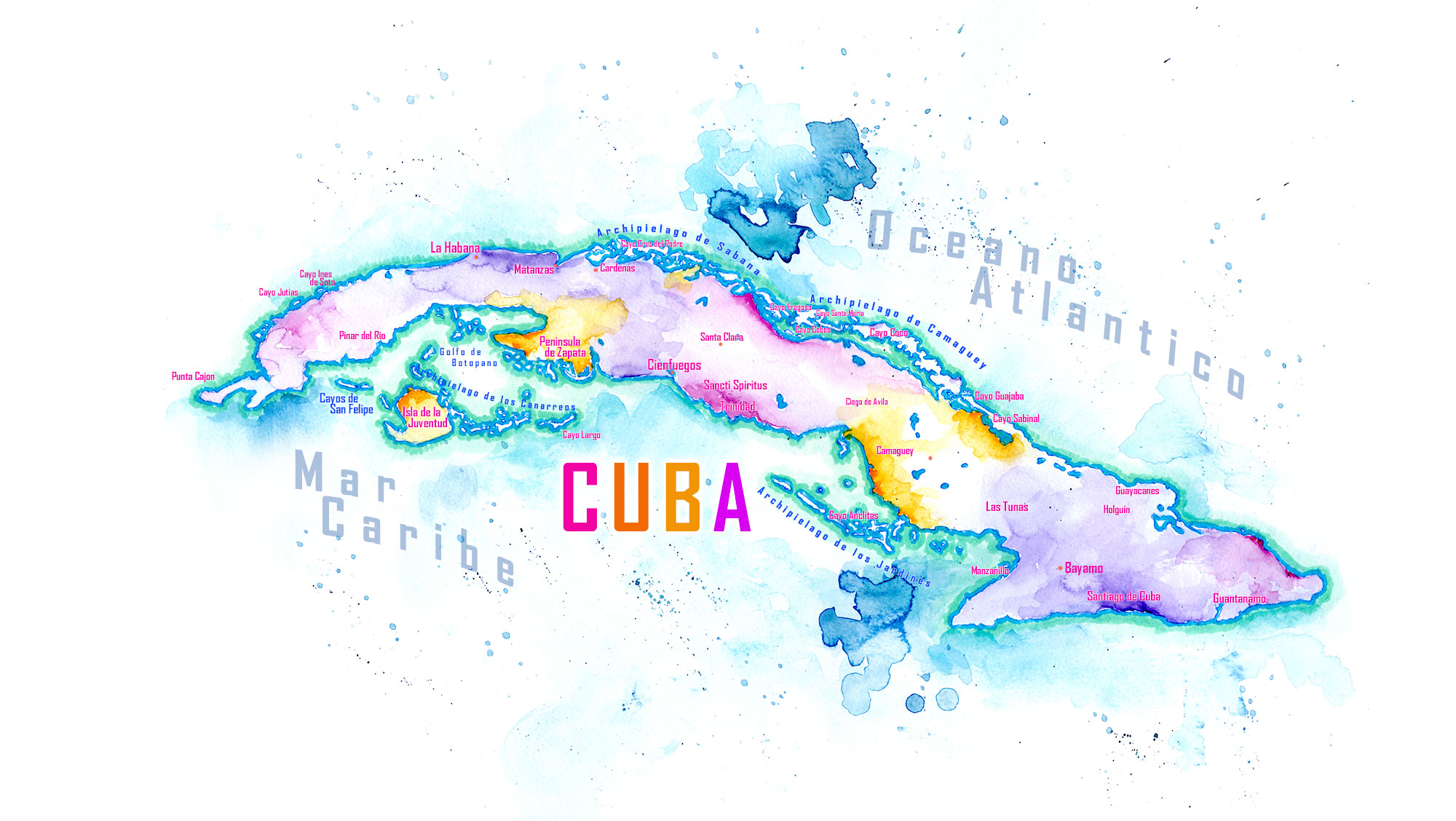 2000x1128 Handpainted Map Of Cuba Watercolor Cuba Map