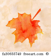 180x195 Free Art Print Of Watercolor Maple Leaf And Fall Word. Orange