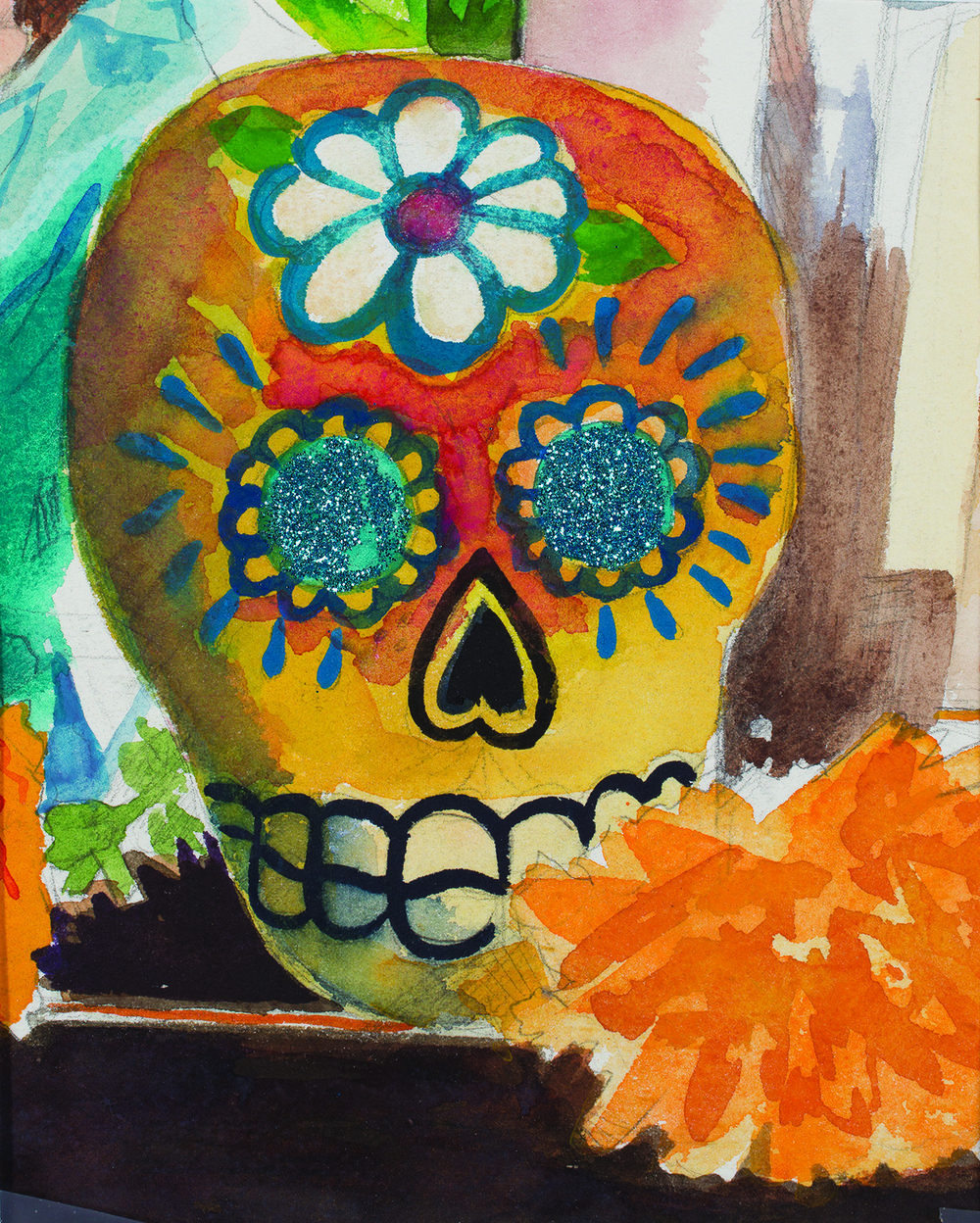 1000x1248 Skull With Marigold, Watercolor With Glitter June Rubin, Artist