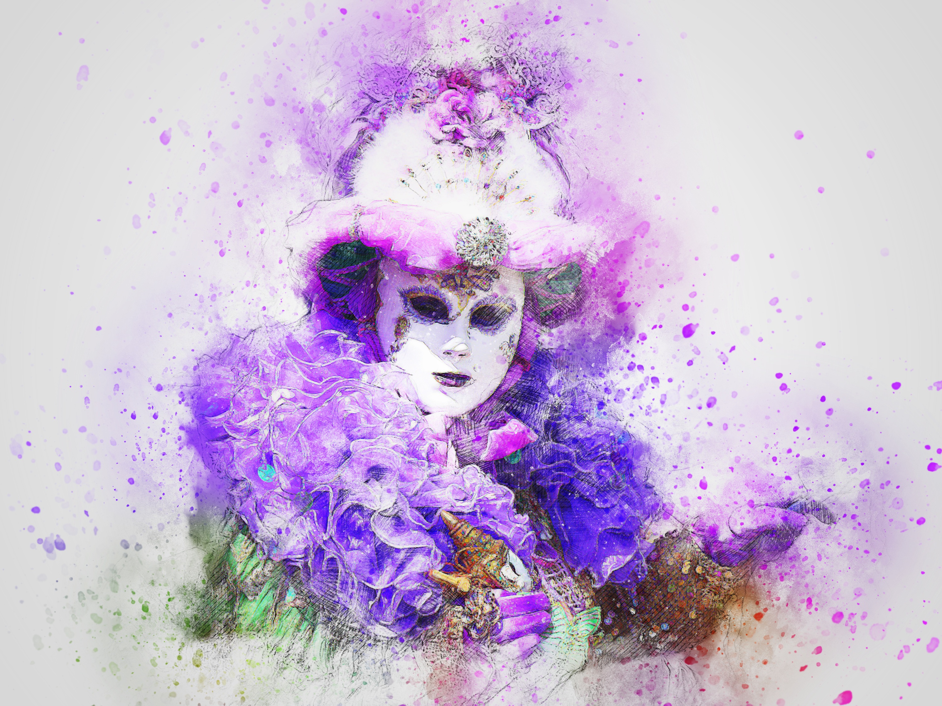 3000x2250 Download Wallpaper 3000x2250 Art, Mask, Carnival, Watercolor Hd