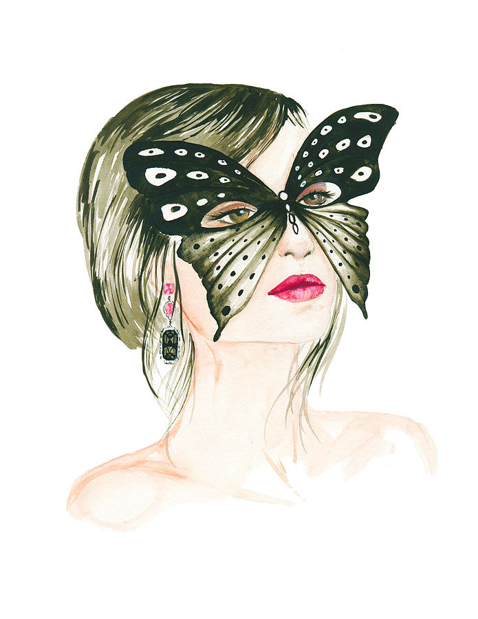 695x900 Butterfly Mask, Watercolor Fashion Illustration Painting By Koma Art