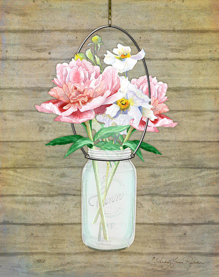 710x900 Rustic Country Peony N Poppy Mason Jar Bouquet On Wooden Fence