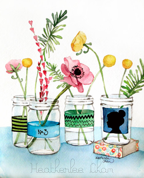 504x620 Watercolor Flower Painting Mason Jars Cameo Print 5x7 On Etsy