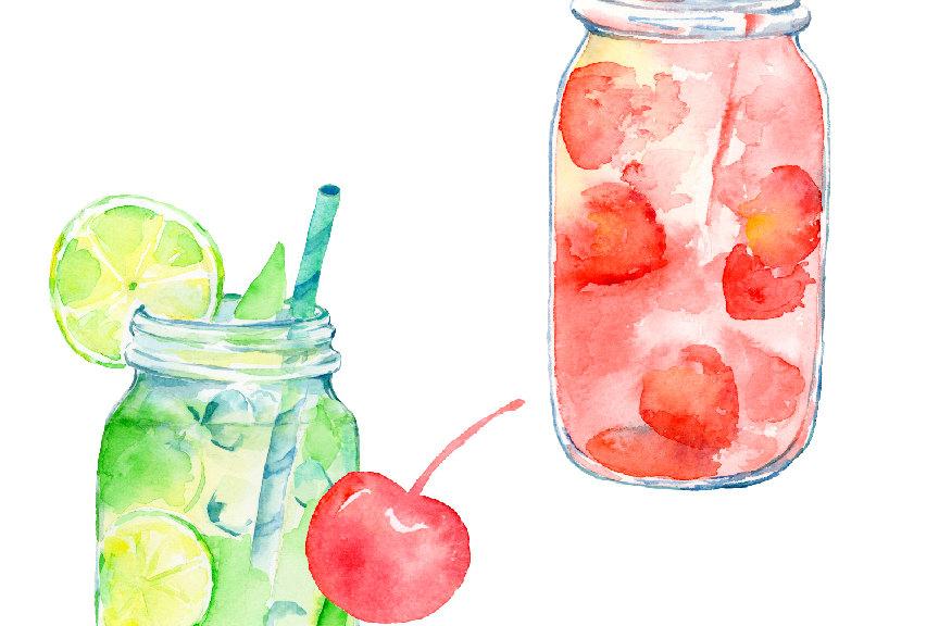 864x576 Watercolor Mason Jar Drinks, Cocktails, Tea, Lemonade, Printable