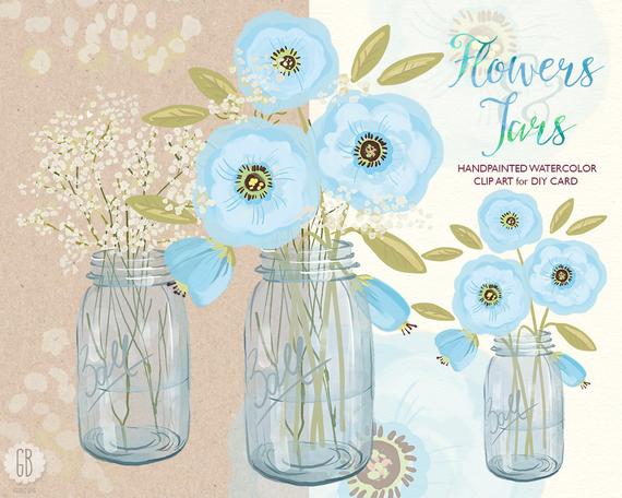 570x456 Watercolor Mason Jar Baby Breath Cream Blue Flowers Hand Etsy