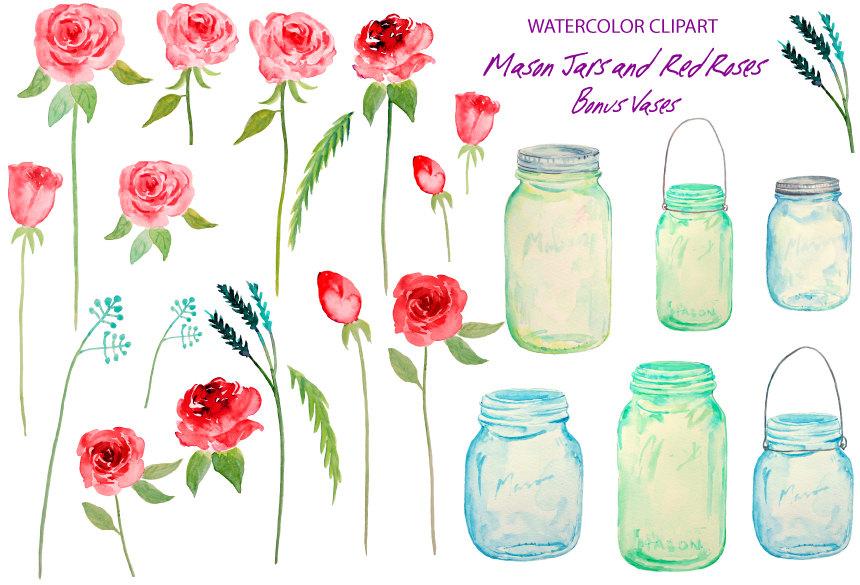 860x585 Watercolor Mason Jars And Red Roses Printable, Instant Download