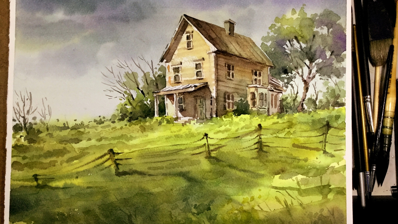 1280x720 Watercolor Landscape Painting Old Little House In The Meadow