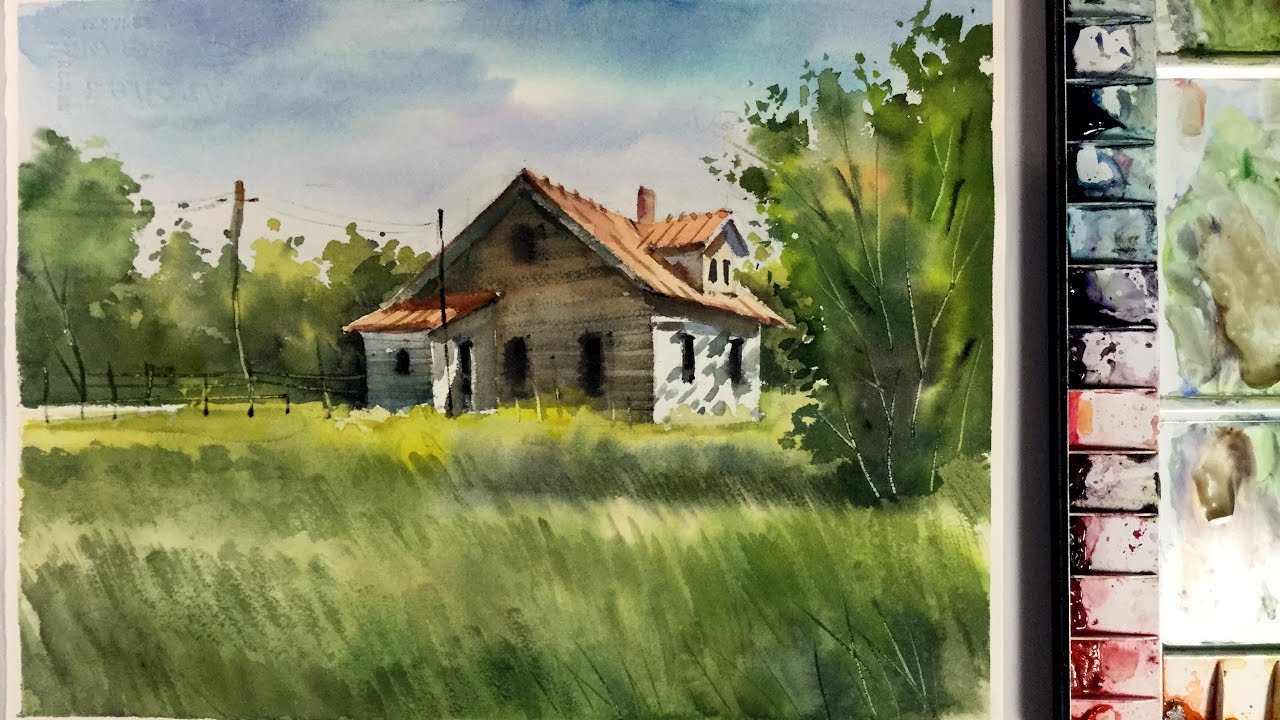 1280x720 Watercolor Landscape Painting Little House In The Meadow