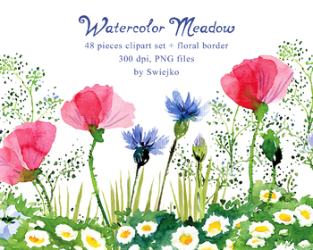 350x280 Watercolor Meadow, Flowers, Contry Style, Poppies, Cornflowers, Clover