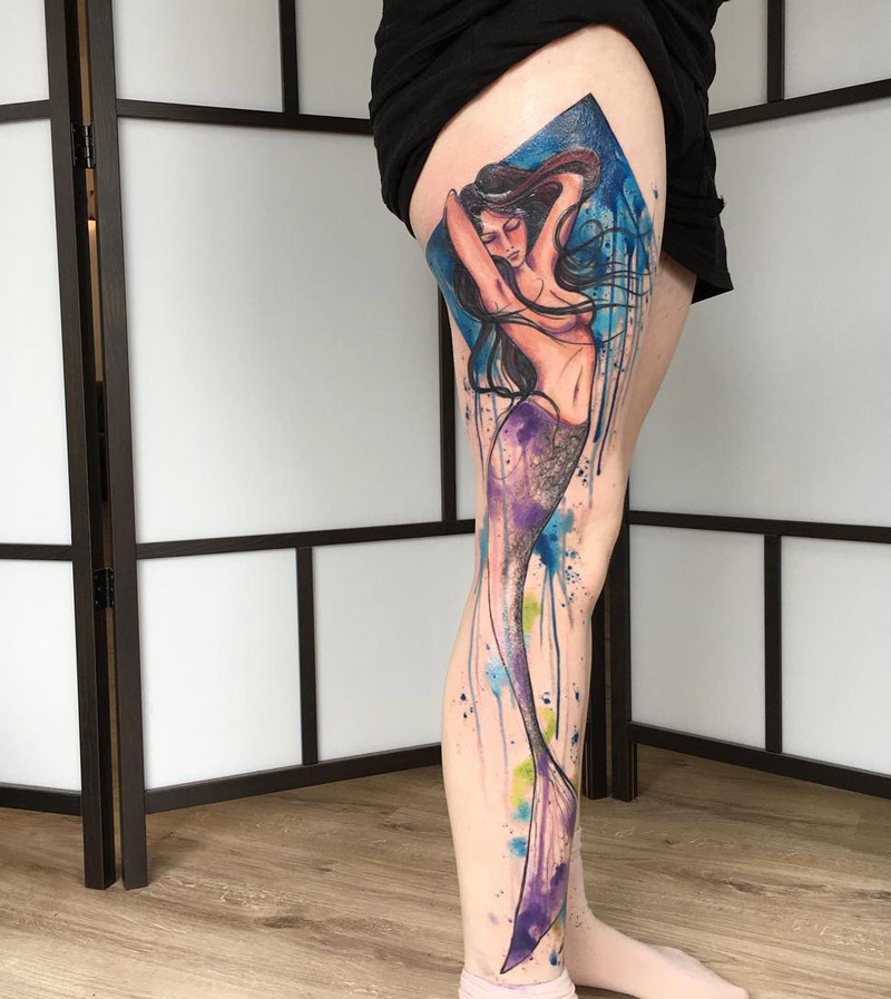 800x897 Mermaid Full Leg Watercolor Best Tattoo Design Ideas