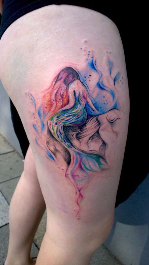 500x888 Watercolor Mermaid Tattoo On Girl Side Thigh
