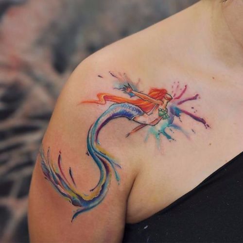 500x500 Cool Watercolor Mermaid Tattoo On Right Shoulder