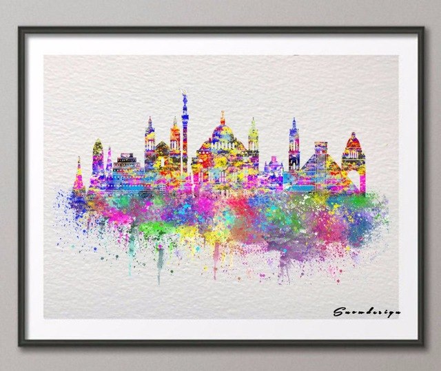 640x539 Original Watercolor Mexico Skyline Canvas Painting Modern Wall Art