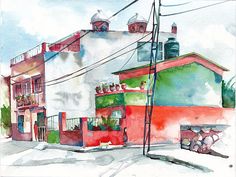 236x177 Casa Tequila, Playa Del Carmen Mexico Watercolor Painting By