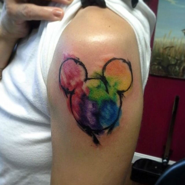 640x640 Watercolor Mickey Mouse Head Disney Tattoo On Left Shoulder